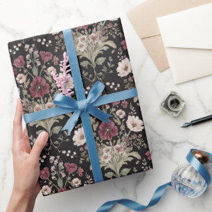 Papel De Presente Flores Bege Borgonha Preto Chá de Noiva