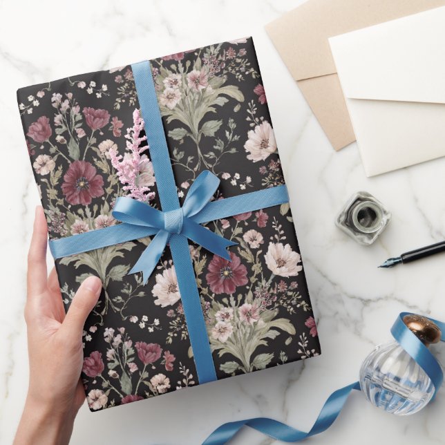 Papel De Presente Flores Bege Borgonha Preto Chá de Noiva (Presentear)