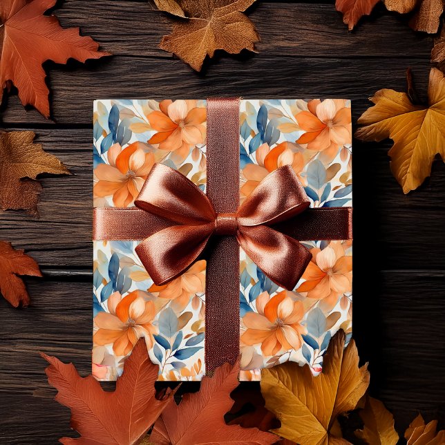 Papel De Presente Flores Boho Outono em Terracota Damasco Azul (Boho Fall | Autumn Floral Blooms Terracotta Apricot Blue Wrapping Paper)