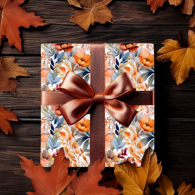 Papel De Presente Flores Boho Outono em Terracota e Azul (Boho Fall | Autumn Floral Pattern Wrapping Paper  - Terracotta, Apricot and Dusky Blue)