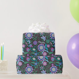 Papel De Presente Flores Boho Roxas Elegantes em Preto