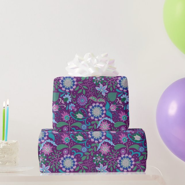 Papel De Presente Flores Boho Roxas Elegantes em Roxo (Presentes para festas)