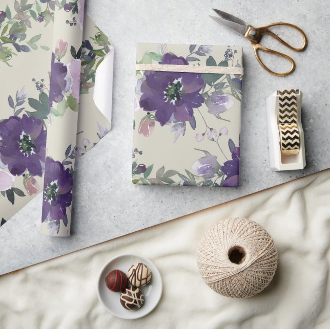 Papel De Presente Flores Bonitas de Aquarela Roxa (Artesanato)