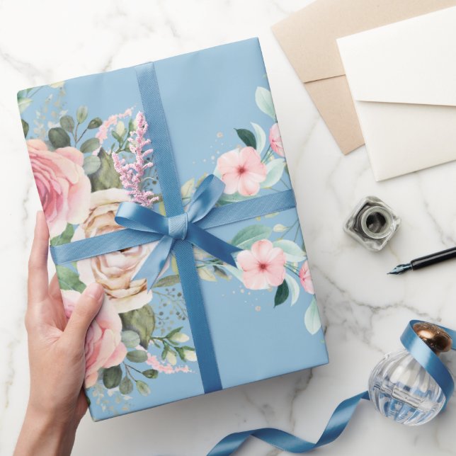 Papel De Presente Flores Bonitas Em Azul (Presentear)