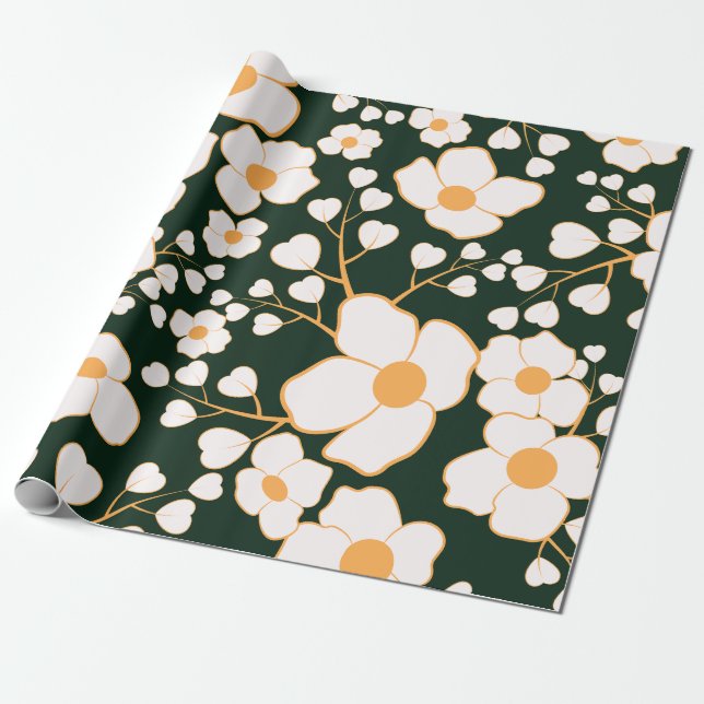 Papel De Presente Flores Brancas Centralizadas Amarelas e Fundo Verd (Desenrolado)