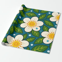 Papel De Presente Flores Brancas Cremosas com Padrão de Folhas Verde