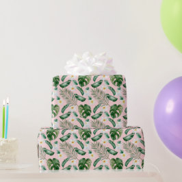 Papel De Presente Flores Brancas de Folhas Tropicais de Cor Verde