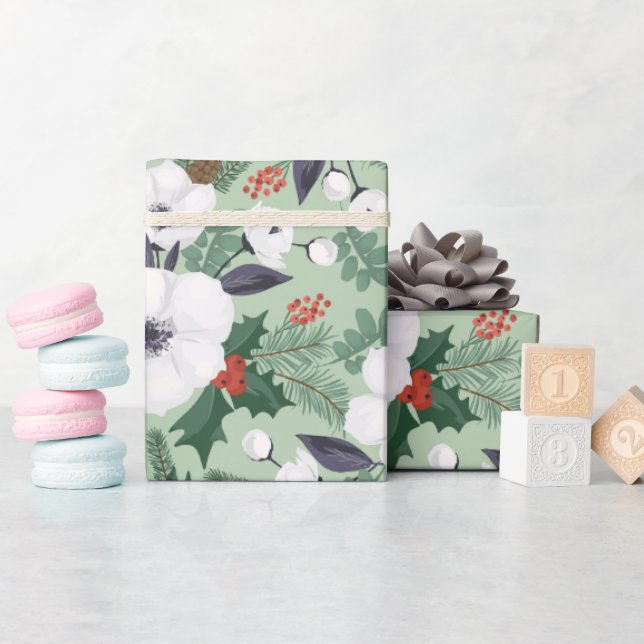 Papel De Presente Flores brancas de Natal e padrão de bagas vermelha (Chá de bebê)