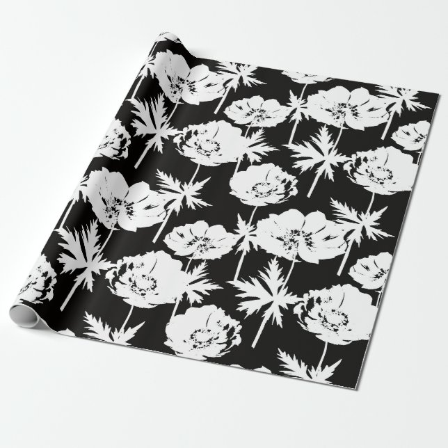 Papel De Presente Flores brancas em preto. (Desenrolado)
