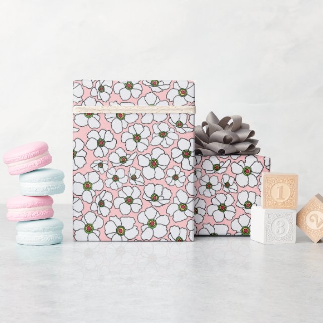 Papel De Presente Flores Brancas em Rosa Bege (Chá de bebê)