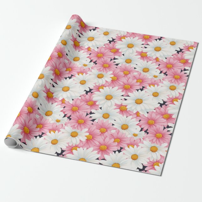 Papel De Presente Flores Brancas Rosa Estética Gráfica (Desenrolado)