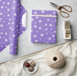 Papel De Presente Flores Brancas sobre Roxo