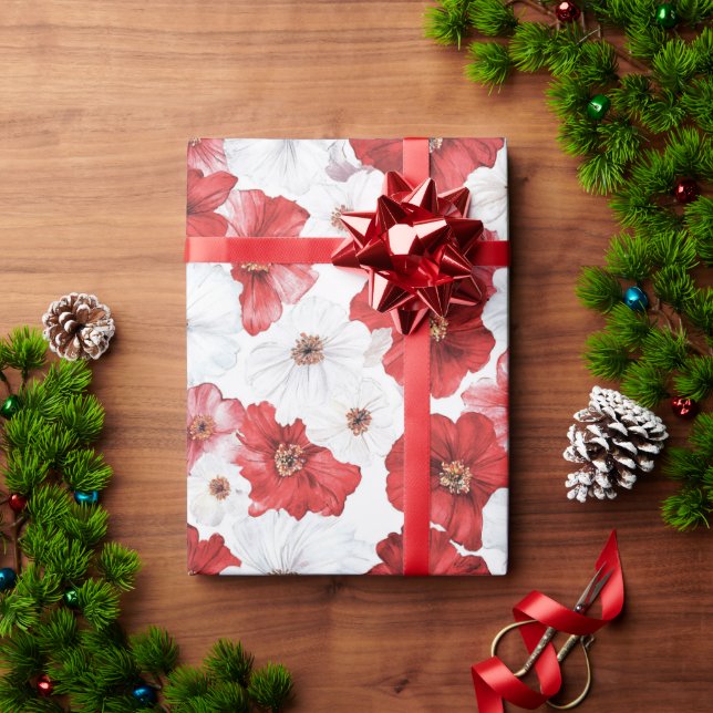 Papel De Presente Flores Brancas Vermelhas Natal (Presente de Natal)