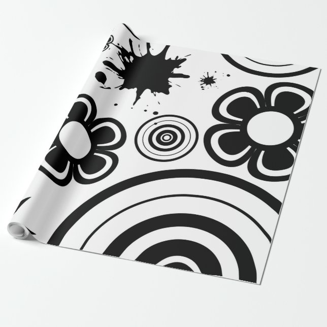 Papel De Presente Flores caprichosas em preto e branco, círculos, re (Desenrolado)