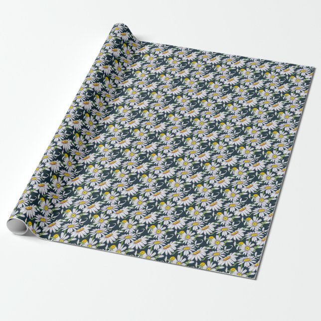 Papel De Presente Flores Chamomila: Cor Azul Escura Da Água. (Desenrolado)