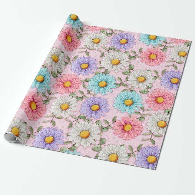 Papel De Presente Flores Coloridas de Margarida Rosa  (Desenrolado)