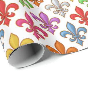 Papel De Presente Flores Coloridas e Negritas Fleur-de-lis Brancas