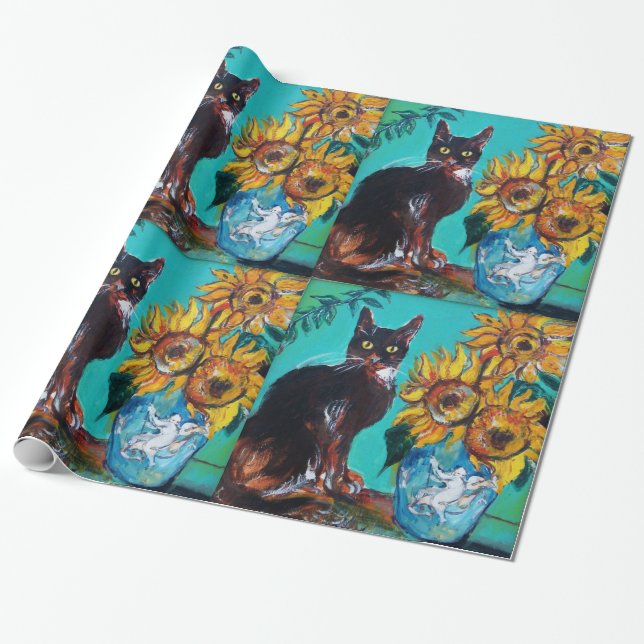 PAPEL DE PRESENTE FLORES COM GATO PRETO EM TURQUOISMO AZUL (Desenrolado)