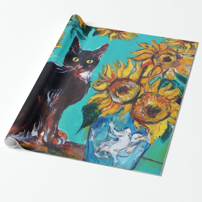 PAPEL DE PRESENTE FLORES COM GATO PRETO EM TURQUOISMO AZUL (Desenrolado)