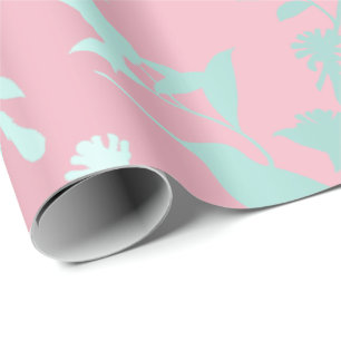 Papel De Presente Flores cor-de-rosa azuis do colibri do Aqua