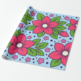 Papel De Presente Flores Cor-de-Rosa com Pétalas Ousadas e Folhas Ve