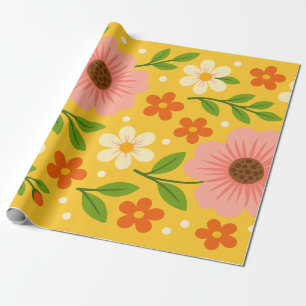 Papel De Presente Flores Cor-de-Rosa, Creme e Laranja com Folhas Ver