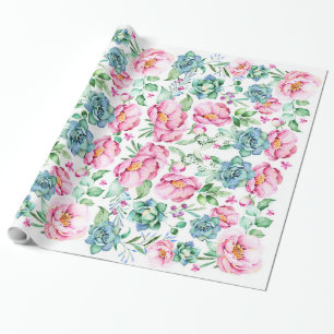 Papel De Presente flores cor-de-rosa e aquarela botânica suculenta