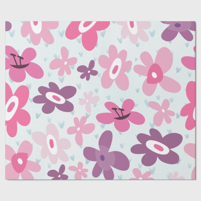 Papel De Presente Flores Cor-de-rosa Padrão Branco (Barra)