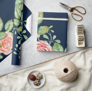 Papel De Presente Flores Cor-de-rosa Papel Azul de Enrolamento