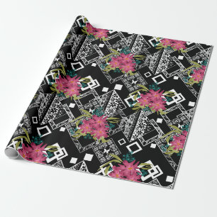 Papel De Presente Flores cor-de-rosa sem costura, preto floral