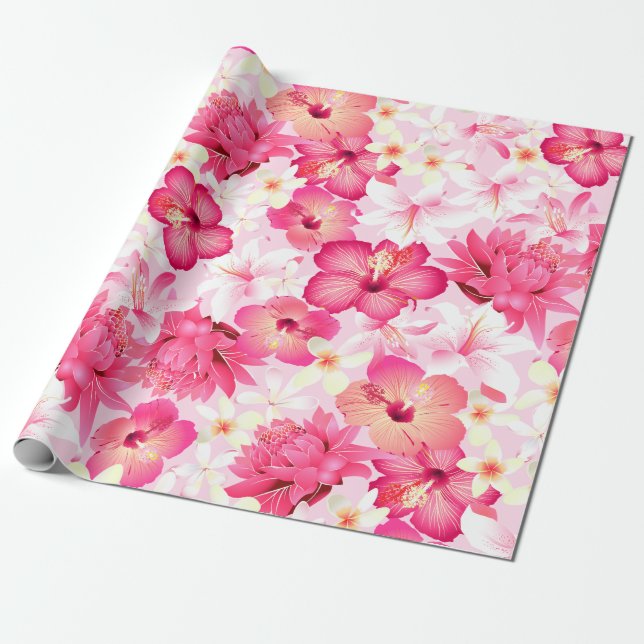 Papel De Presente Flores cor-de-rosa tropical e brancas (Desenrolado)