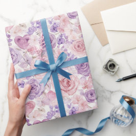 Papel De Presente Flores Corações Rosa Roxo Blush Dia dos Namorados