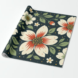 Papel De Presente Flores Creme com Centros Vermelhos e Folhas Verdes