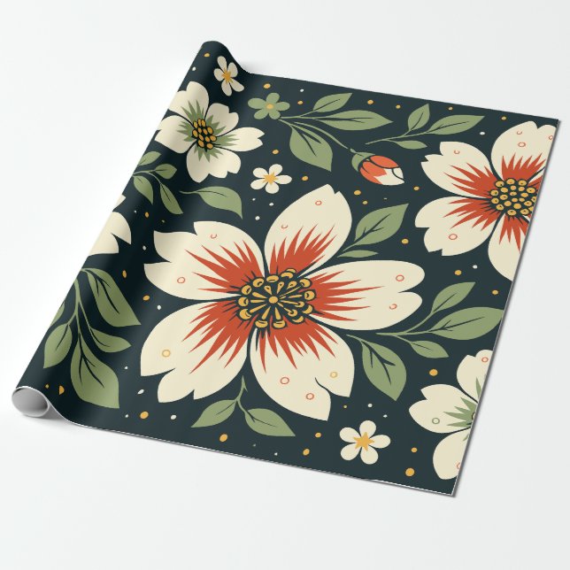Papel De Presente Flores Creme com Centros Vermelhos e Folhas Verdes (Desenrolado)