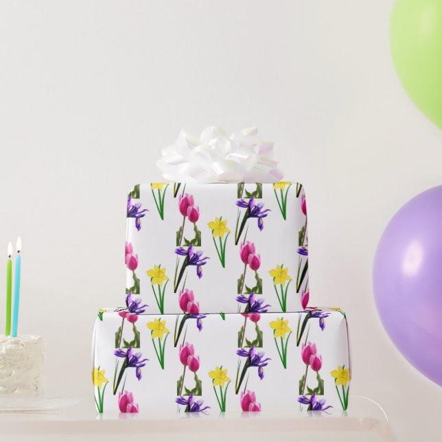 Papel De Presente Flores da Estação da Primavera Tulipa Íris Narciso (Presentes para festas)