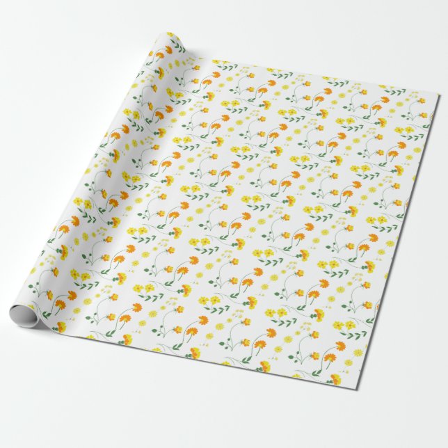 Papel De Presente Flores da primavera em laranja e amarelo (Desenrolado)
