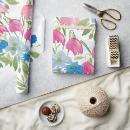 Papel De Presente Flores De Água De Primavera Azul E Blush