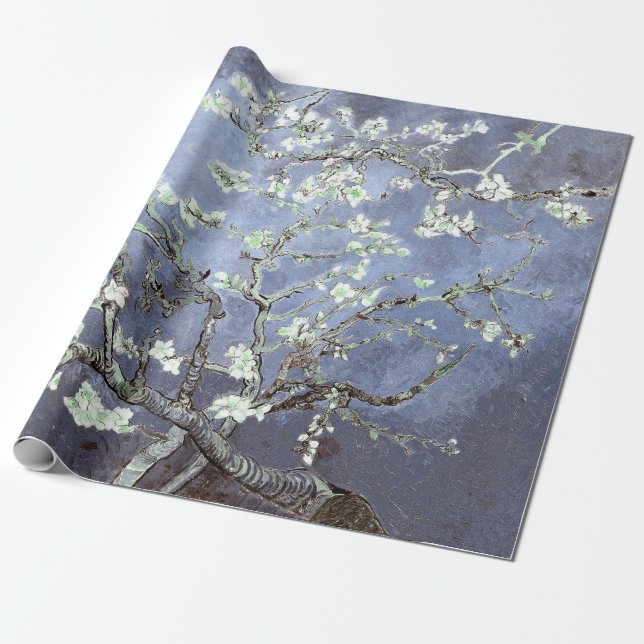 Papel De Presente Flores de Amendoeira de Vincent Van Gogh Azul Aço (Desenrolado)