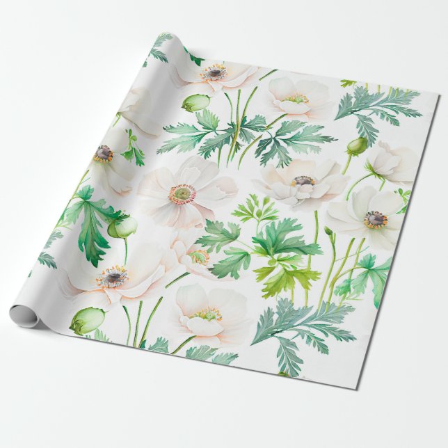 Papel De Presente Flores de anêmona branca pintadas em creme (Desenrolado)