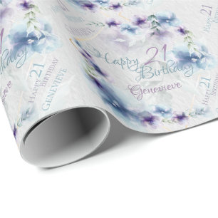 Papel De Presente Flores de Aquarela Azul e Violeta Nome e Idade
