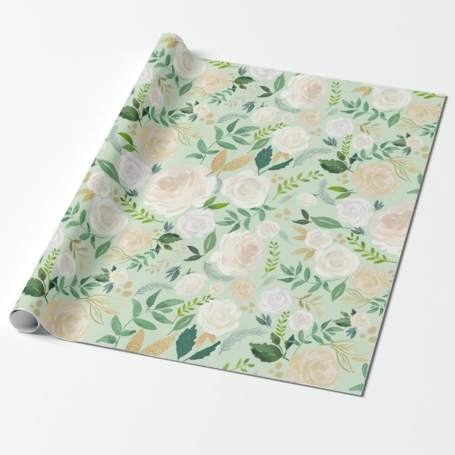 Papel De Presente Flores de Aquarela com Brilho Dourado e Folha I (Desenrolado)