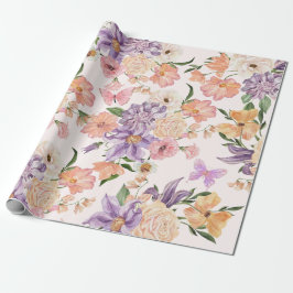 Papel De Presente Flores de aquarela e borboletas wildflower rosa