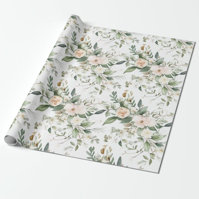 Papel De Presente Flores de aquarela elegantes e verde (Desenrolado)