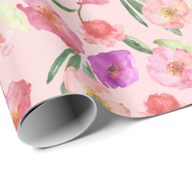 Papel De Presente Flores De Aquarela Rosa-Blush Girly (Ponta do rolo)