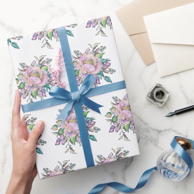 Papel De Presente Flores de Aquarela Rosa Elegantes Botânicas (Presentear)