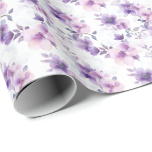 Papel De Presente Flores de Aquarela Roxas em Branco