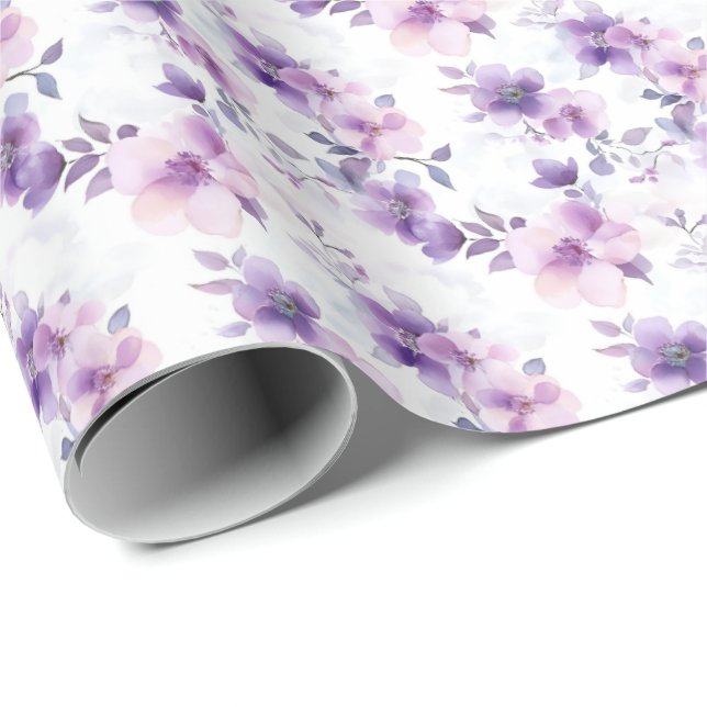 Papel De Presente Flores de Aquarela Roxas em Branco (Ponta do rolo)