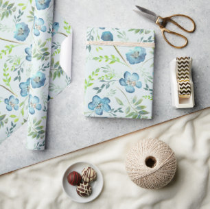 Papel De Presente Flores de Aquarelas Verdes Azuis Elegantes Boho