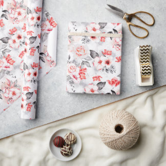 Papel De Presente Flores de Aquarelas Vermelhas e Cinzas