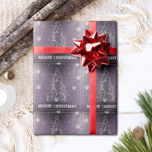 Papel De Presente Flores de Árvore de Natal e Flocos de Neve   Roxo